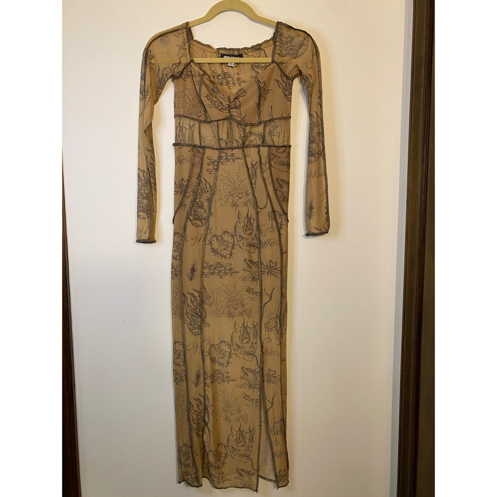 Urban Outfitters Tattoo Print Mesh Maxi Dress Tan‎ Black Long Sleeve Small Slit